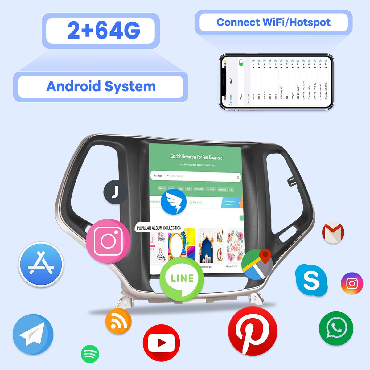 [2G+64G] Car Radio for Jeep Cherokee 2013-2018, 9.7 inch Vertical Screen Cherokee Android Stereo, Carplay/Android Auto/1080P/SWC +AHD Backup Camera+MIC