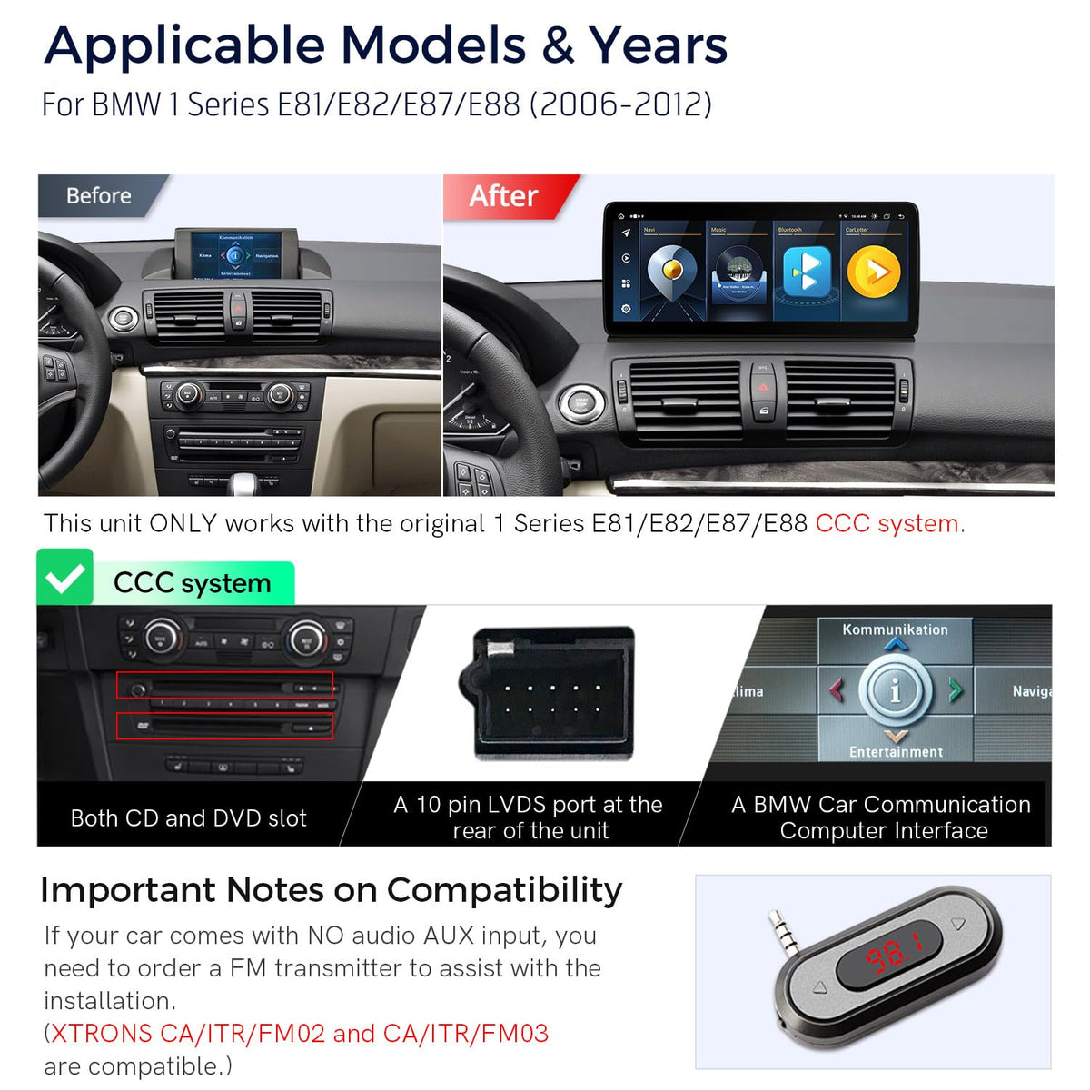 XTRONS 12.3 Inch Android 14 Car Stereo for BMW E81 E82 E87 E88 (2006-2012) CCC System, IPS Touch Screen 4+64GB Global 4G Car Radio GPS Navigation Support Wireless CarPlay Android Auto
