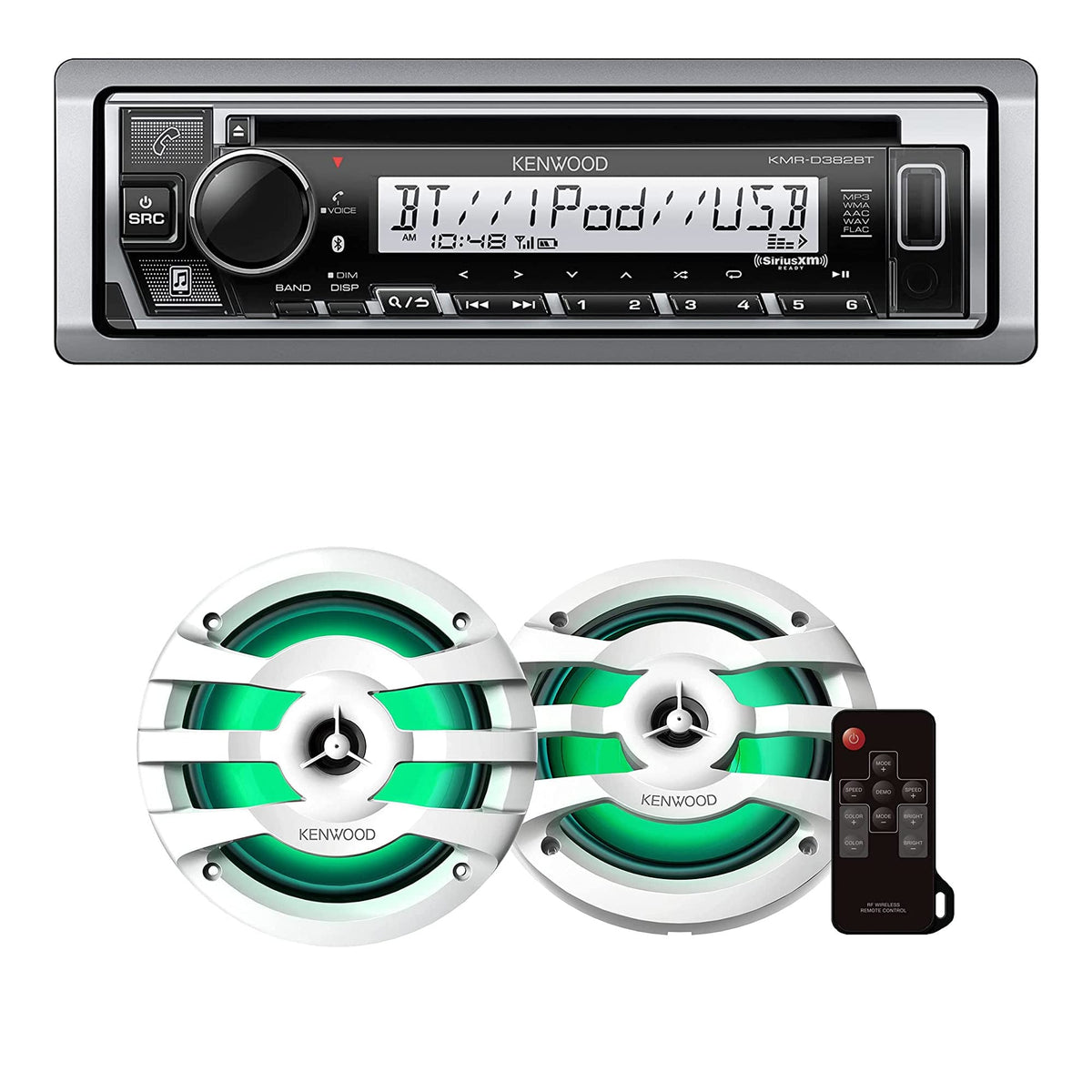 KENWOOD KMR-D382BT Car & Marine Stereo - Single Din, Bluetooth Audio, CD USB MP3, Aux in, AM FM Radio, Weatherproof | Plus Kenwood KFC-1673MRWL 6-1/2" 2-Way Marine Speakers with Grilles (Pair)
