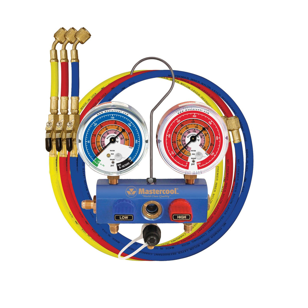 Mastercool 51261 2-Way Aluminum Manifold Gauge with 3/8" Vacuum Valve, Set 3-60" Ball Valve Hoses for HVAC Air Conditioning Refrigeration A2L R32 R545B.