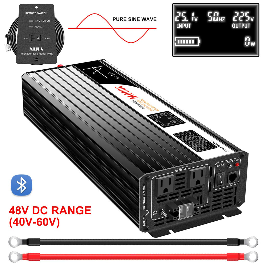 Xijia 3000W Pure Sine Wave Inverter 48V DC to 120V AC Converter for Home, RV, Truck, Off-Grid Solar Power 110V with Smart Bluetooth App Remote Control,Surge 6000W