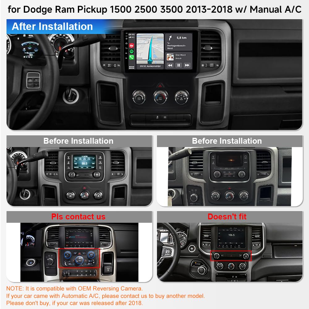 8 Core 4+64G Car Stereo for Dodge Ram 1500 2500 3500 2013-2018 Manual A/C