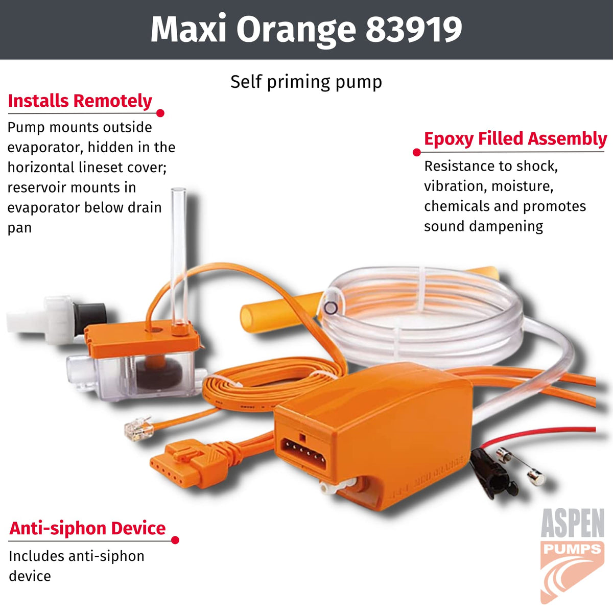 RectorSeal Aspen Pumps 83919 Maxi Orange Condensate Pump, Self Priming, Designed For Mini- Split Installations, Simple & Easy Design Allows For Quick Access, 100-250V