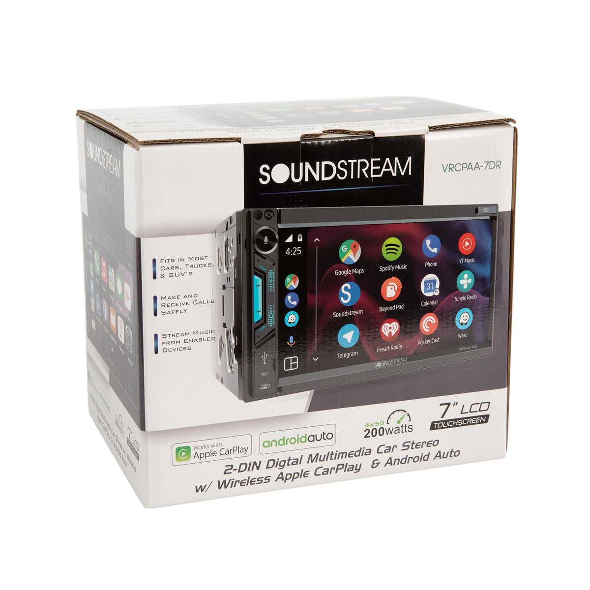Soundstream VRCPAA-7DR 7" Double DIN Touchscreen Car Stereo, Wireless Apple CarPlay & Android Auto, Bluetooth Hands-Free, USB/AUX, Backup Camera Input, Steering Wheel Control, FM/AM, In-Dash Head Unit