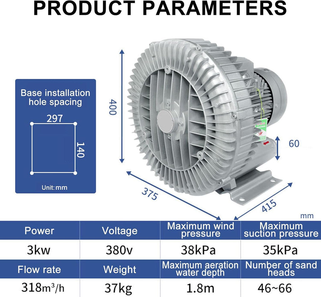 3KW Vortex Ring Blower for Fish Ponds & Workshops, Industrial Extractor & Commercial Ventilator with Dust Filter, High-Efficiency Air Blower for Farms & Aquaculture