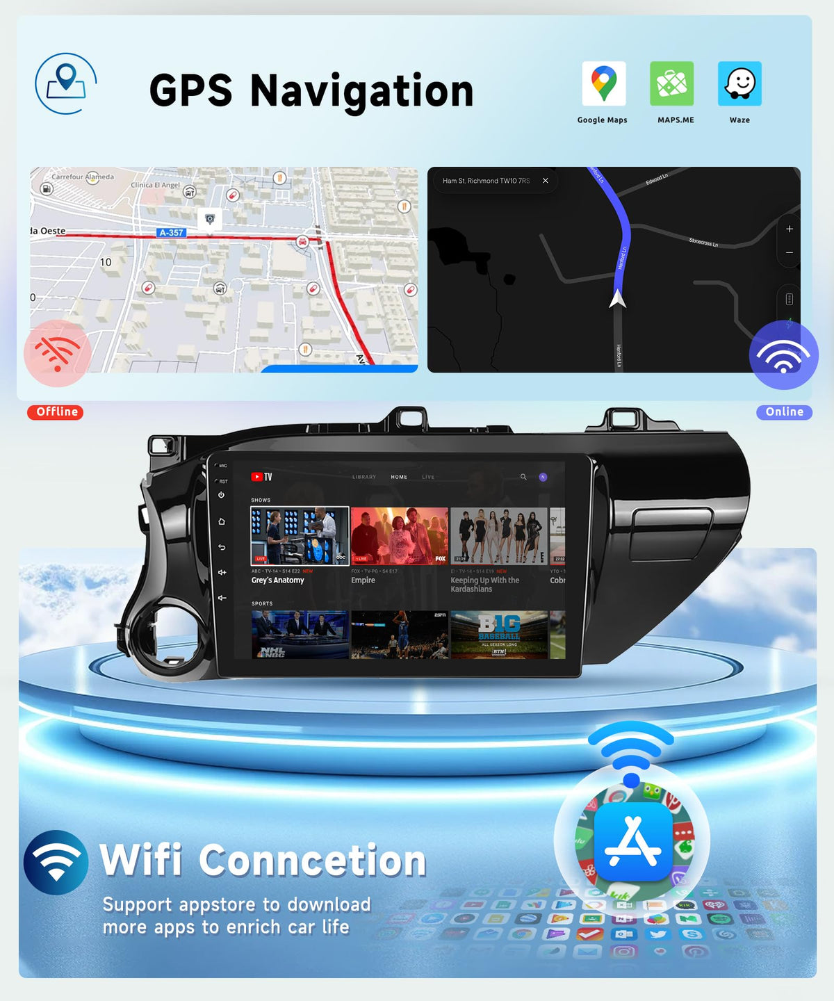 8 CORE 6G+128G Car Radio for Toyota Hilux 2015-2020 with Wireless CarPlay&Android Auto,10.1 Inch 1280*720P IPS Touch Screen Android 13 Car Stereo with GPS WiFi Bluetooth 32-Band DSP HD Backup Camera