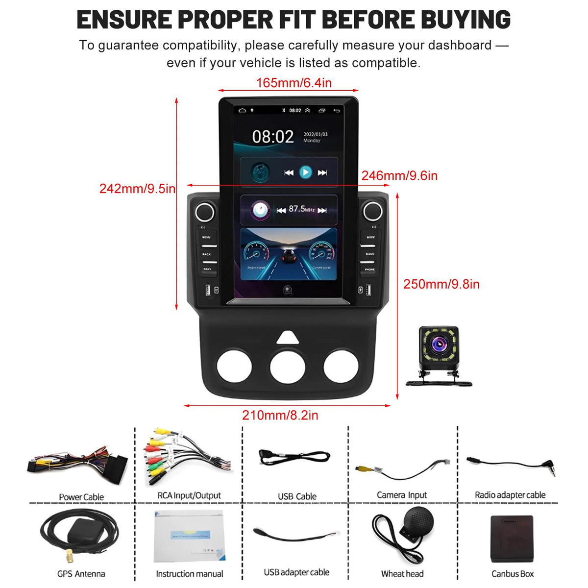 9.7 inch Car Radio Stereo for Dodge Ram 1500 2500 3500 2013 2014 2015 2016 2017 2018, 2GB +32GB, with Wireless & Wired Carplay,Built-in GPS WiFi DSP Camera MIC (Only fit Manual AC) (4+64G)