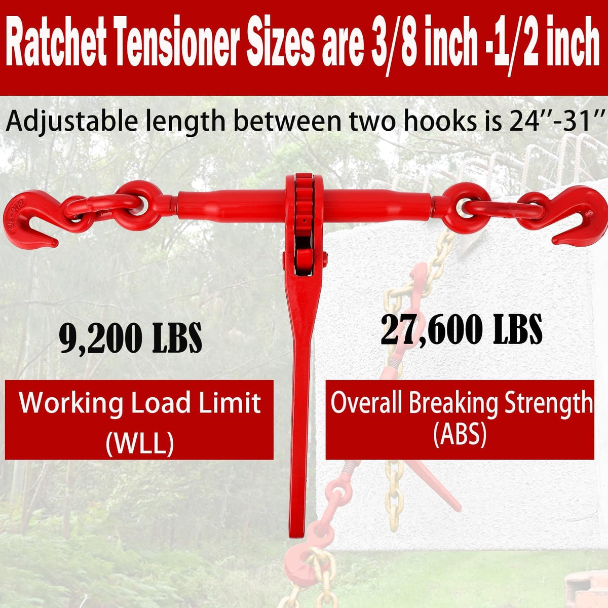 Ratchet Chain Load Binder 4‑Pack, 3/8"‑1/2" with 10FT Chains