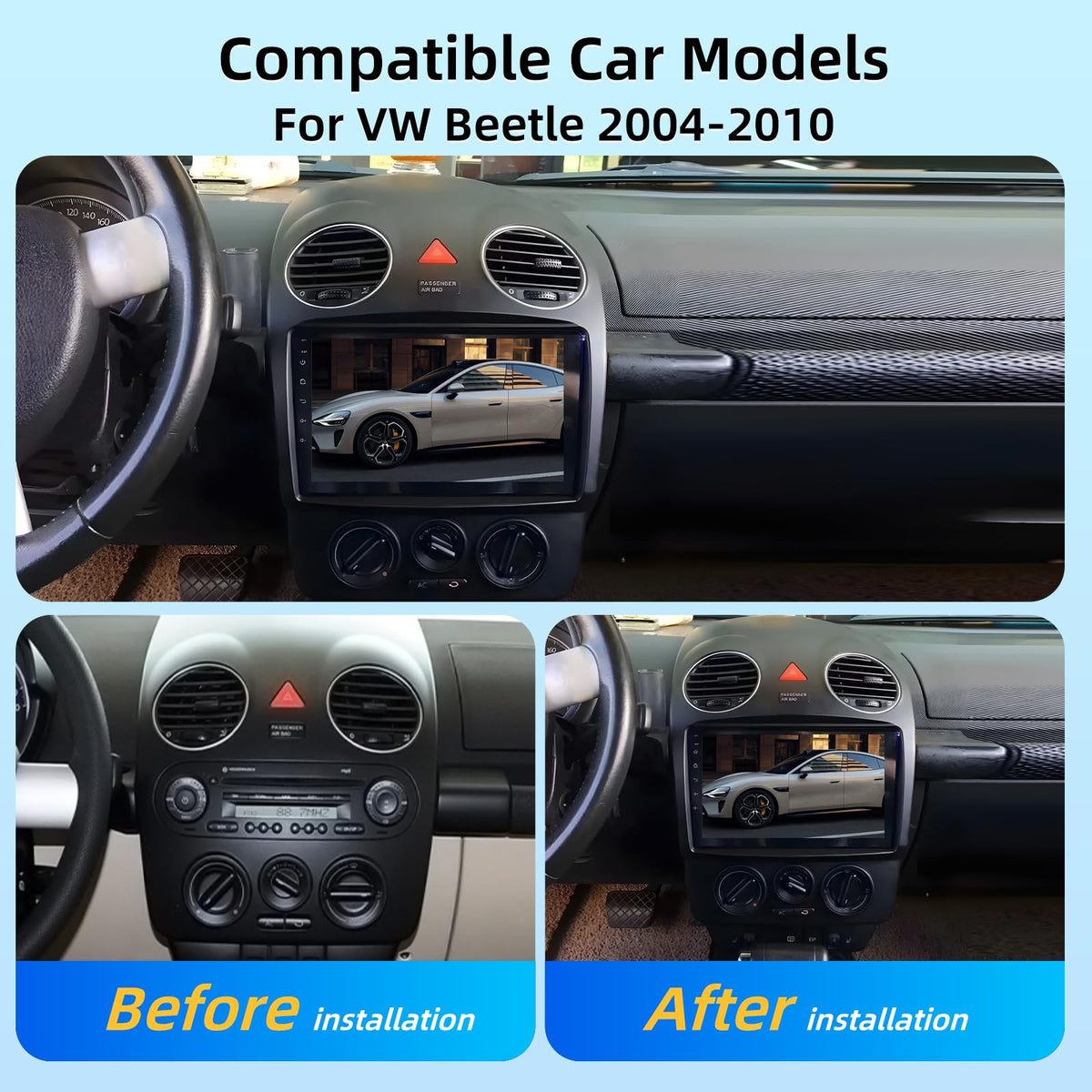 2+64G Wireless Carplay Android Car Radio for VW Beetle 2004-2010, 9 Inch Touchscreen with Android Auto/DSP/Multiple UI/GPS/WiFi + AHD Backup Camera