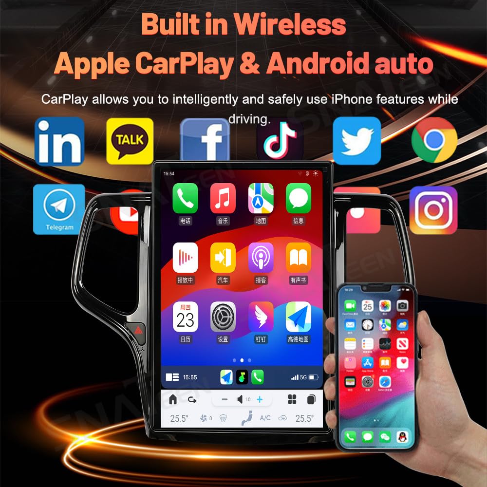 14.4" IPS Touch Screen Android 13 Car Stereo for Jeep Grand Cherokee 2014-2023, Tesla Style 8GB+128GB Head Unit Wireless CarPlay Android Auto GPS Navigation OEM Integrated (Black)