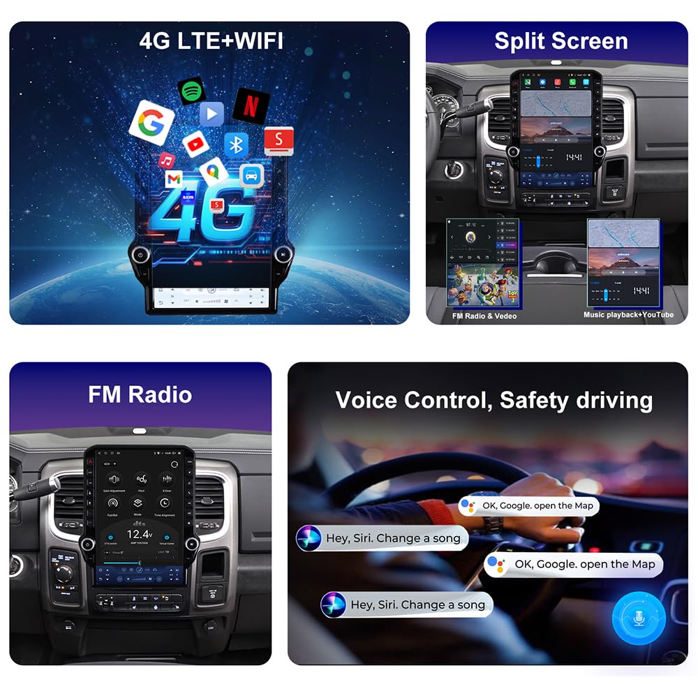 4G 14.5inch Radio for Dodge RAM 1500/2500/3500 2013-2018 Upgrade,8-Core Qualcomm CPU QLED Touch Screen Stereo,CarPlay & Android Auto (Manual AC only!)
