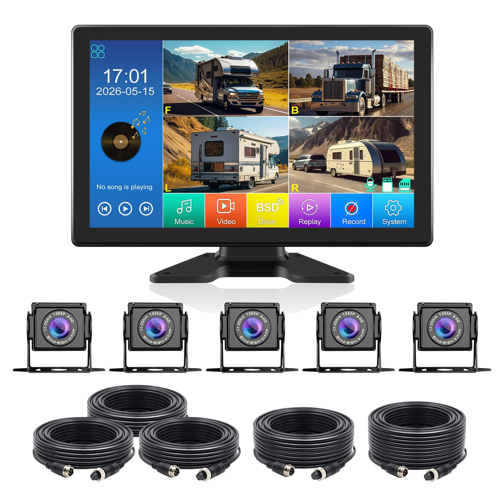 VEKOOTO Truck Camera System, 5CH Backup Camera with 10.1'' Touch Screen, Waterproof 5 AHD Rear Side View Camera, for Truck/Semi-Trailer/Camper/RV/Bus