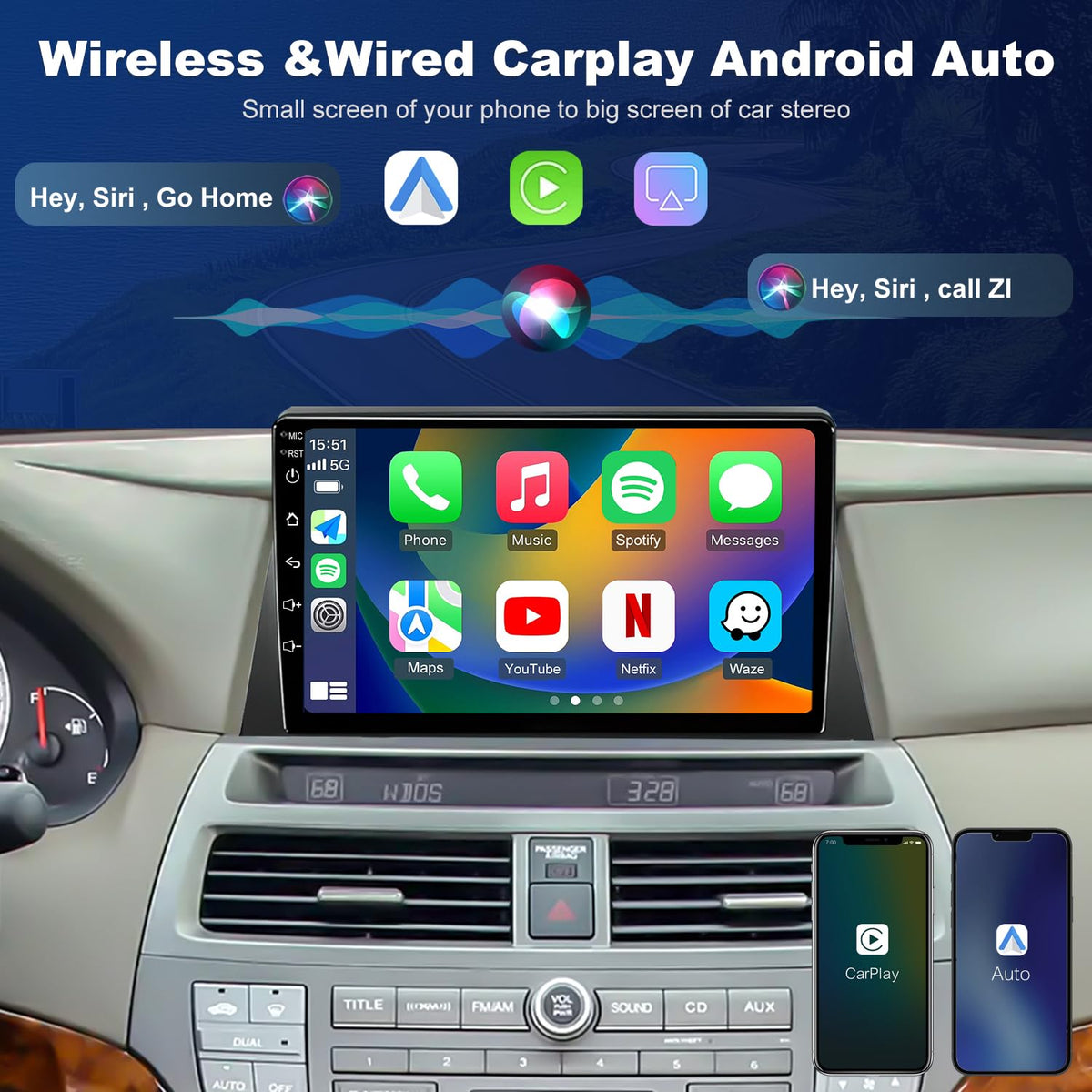 4+64G 5GWiFi Upgrade Car Stereo for Honda Accord 2008-2012 8th Gen, 10" Touch Screen Radio, Wireless Carplay Android Auto GPS FM Bluetooth DSP Camera, Only Fit for Original Car with Big Screen and GPS