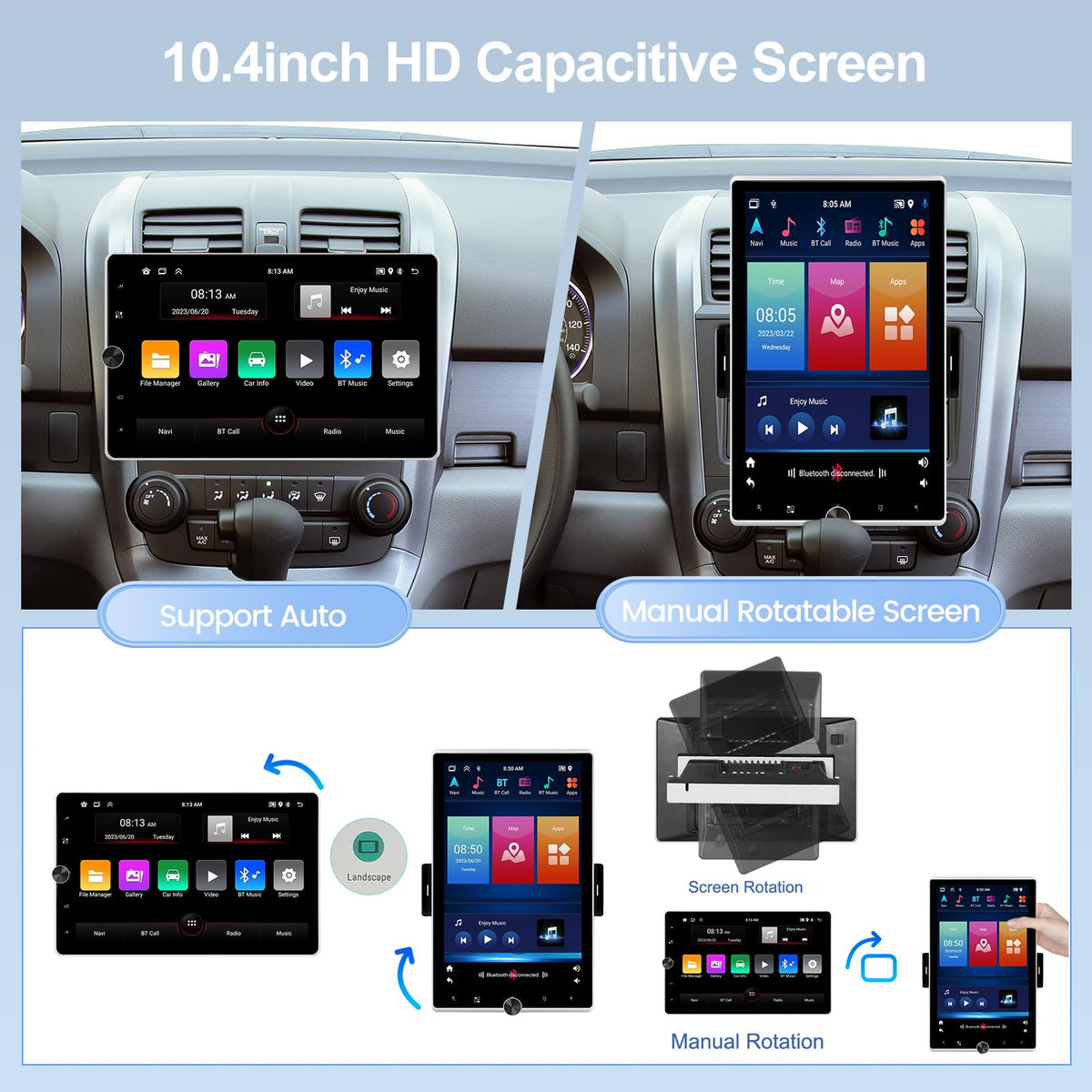 [2G+64G] Single Din Android Car Stereo Rotatable 10.4 inch Vertical Touch Screen Radio with Carplay/Android Auto/EQ Audio/Bluetooth/SWC/FM RDS Radio +AHD Backup Camera