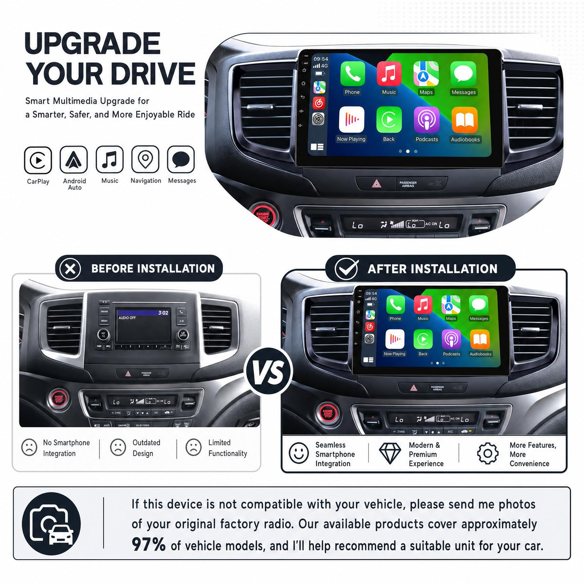 Android 14 Car Radio Stereo for Honda Pilot Ridgeline 2016-2019, 10 Inch Touch Screen Dash Kit 4Core 2+32GB with Wireless CarPlay Android Auto GPS Navigation Bluetooth SWC WiFi 5G DSP RDS FM Camera