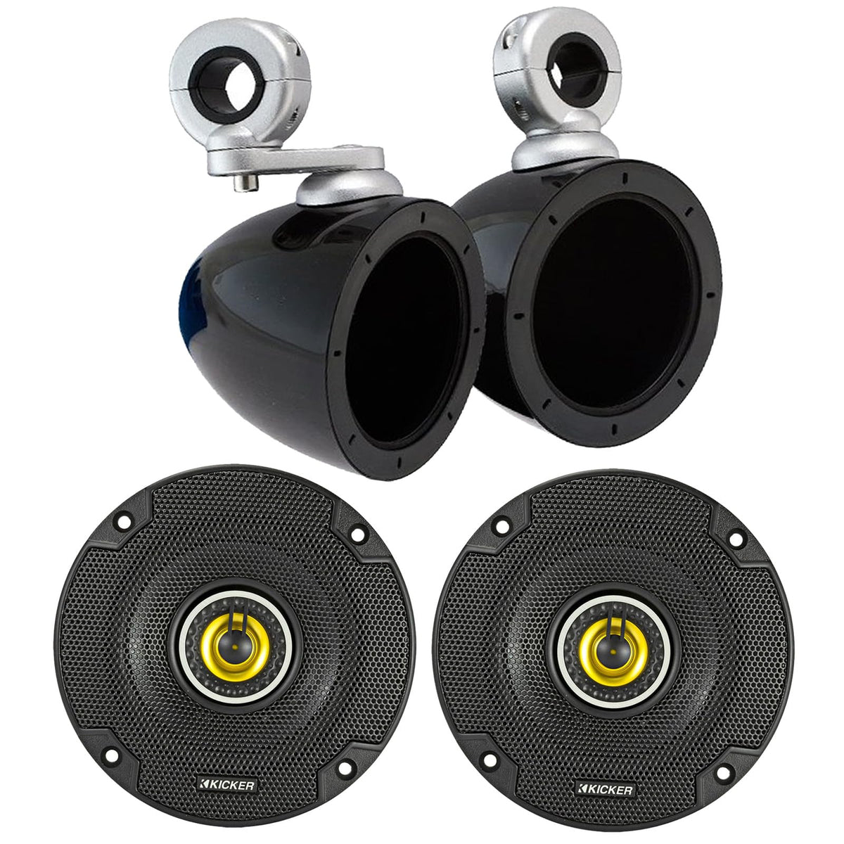 KICKER Black Mini Marine Wakeboard Tower Enclosures with 4" 150 Watt Max Power 2-Way Coaxial Audio Speakers (Pair)