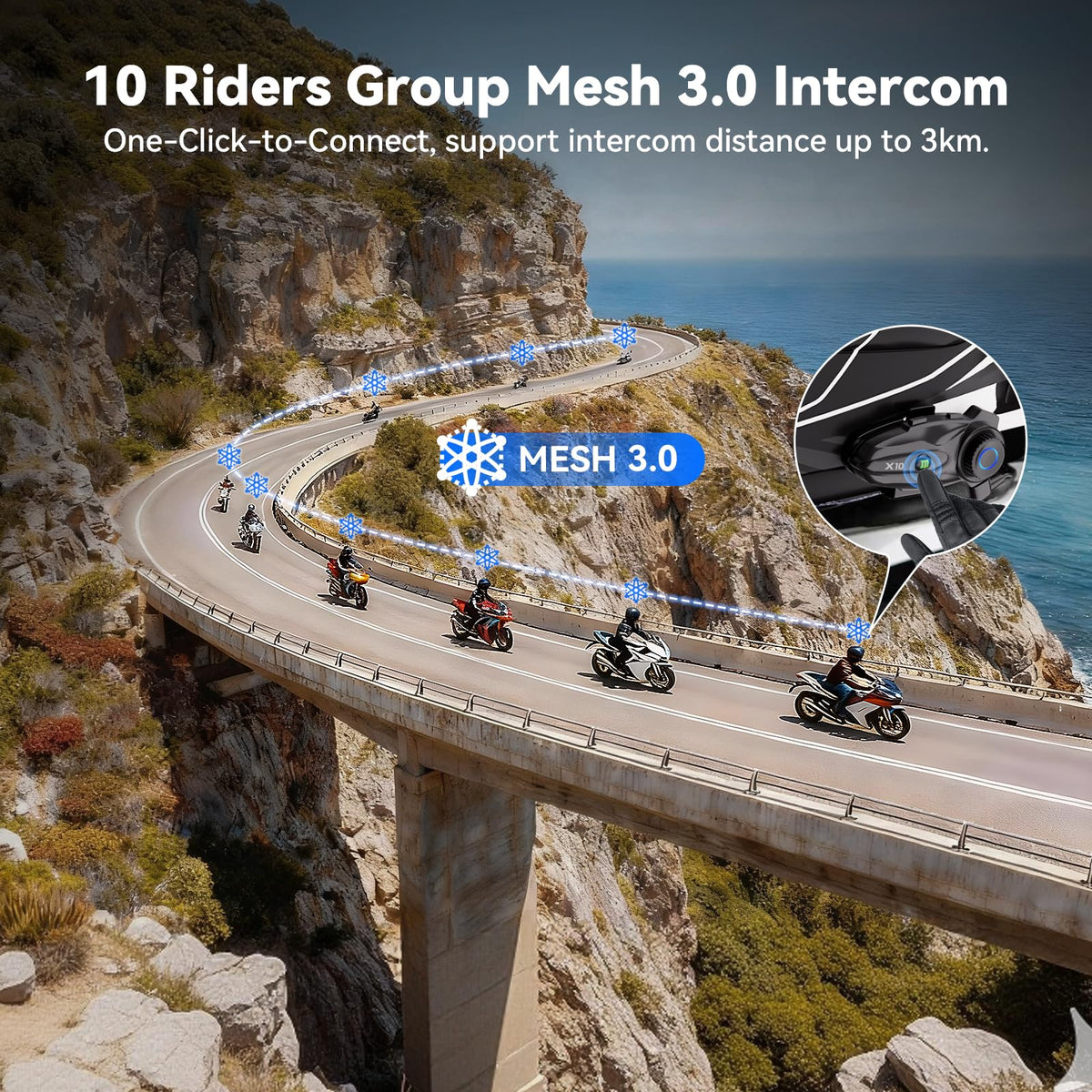 X10 Motorcycle Helmet Communication System for 10 Riders, 2 Pack