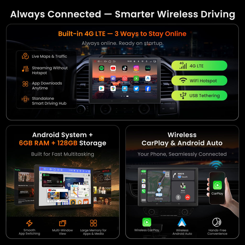 V10 10” QLED Android Double DIN Car Stereo, 6G+128G, 4G LTE, 1080P Front Dash Cam & Backup Cam, Hi-Fi DSP w/24‑Bit DAC,4V RCA, in-Car Karaoke, aptX HD BT, Wireless CarPlay&Android Auto
