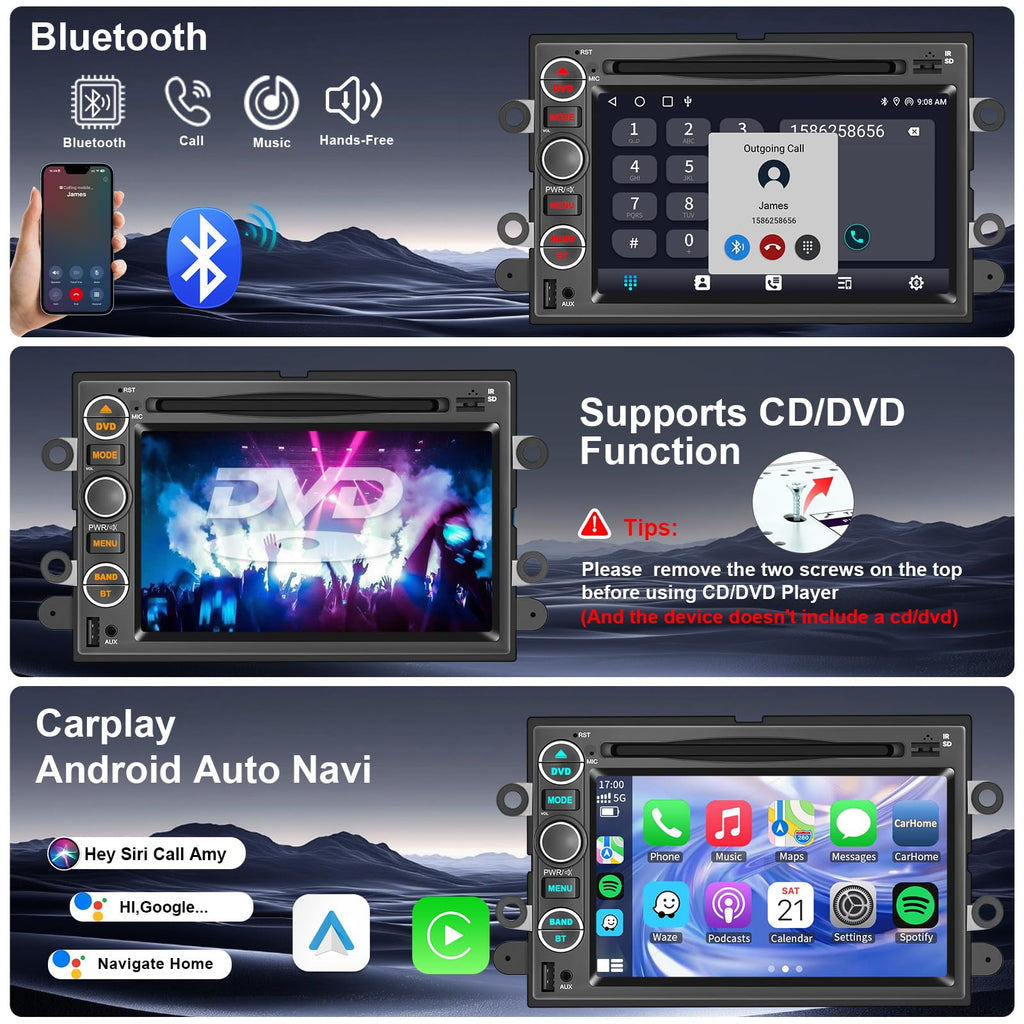 Car Radio Stereo CD DVD Wireless CarPlay Andriod Auto Navi with Camera SWC for Ford F150/F250/F350 2004-2014 /Mustang Edge Explorer Expedition E150 E250 E350 /Mercury Milan/Lincoln Navigator MKX