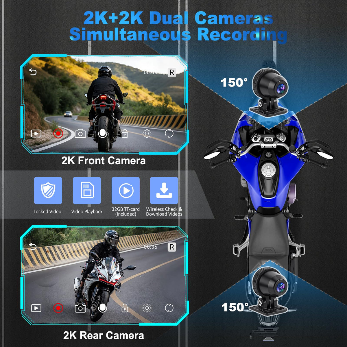 52HZ Motorcycle Carplay Android Auto with 5.5" Waterproof Touchscreen, TPMS, Millimeter Wave Radar, GPS Navigation,Dual 2K Dash Cam,BT,Real-time Alerts,OTA Updates,Quick Release Anti-Theft Mount