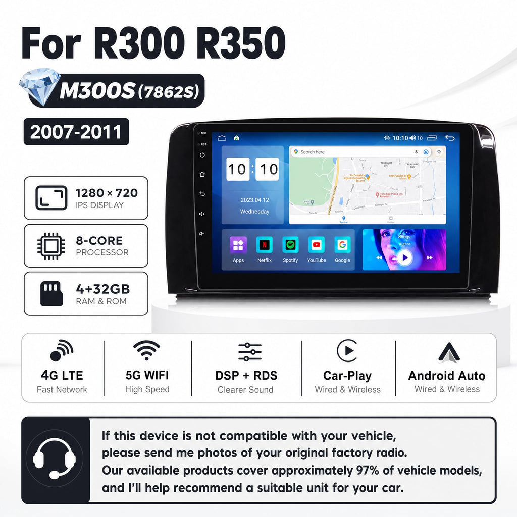 8Core 4+32GB Android 14 Car Radio Stereo for Mercedes Benz W251, R280, R300, R320, R350, R63 2005-2017, 9 Inch Touch Screen Dash Kit with Wireless CarPlay Android Auto GPS Navigation Bluetooth SWC Wi