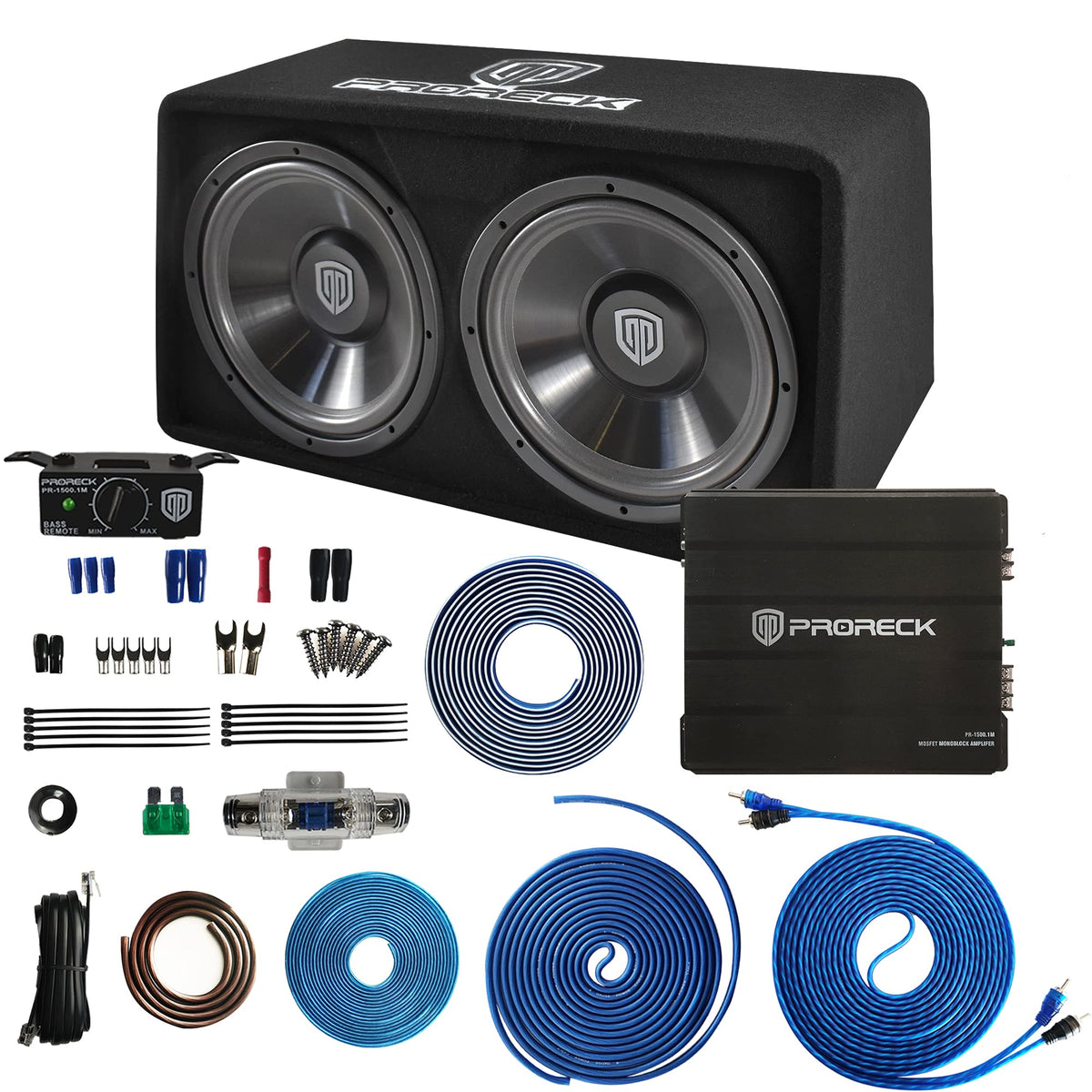 PRORECK PR-122M Complete 1500W Dual 12" Car Subwoofer, Includes Loaded Enclosure with Mono Block Amplifier,Wiring Installation Kit
