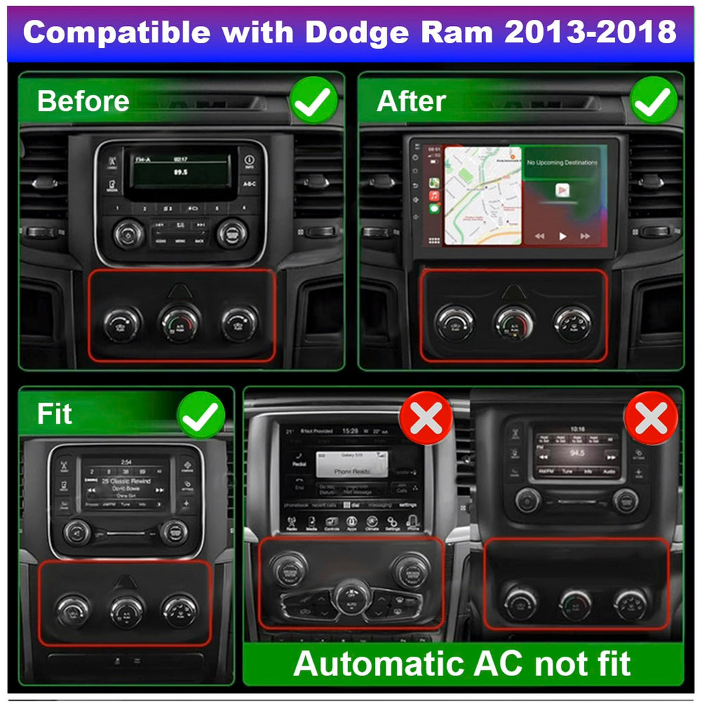 Car Stereo for Dodge Ram 2013-2019 1500 2500 3500 (Manual AC Only), 9" Android 13 IPS HD Touchscreen, Built-in Wireless Carplay & Android Auto, GPS Navi, WiFi, Bluetooth, FM Radio, SWC, 2+64G