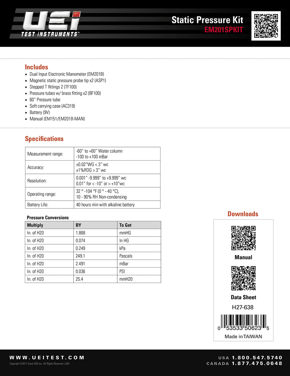 UEi EM201SPKIT Static Pressure Test Kit with EM201B Digital Differential Manometer, HVAC Pressure Measurement Kit, Includes Pressure Testing Accessories