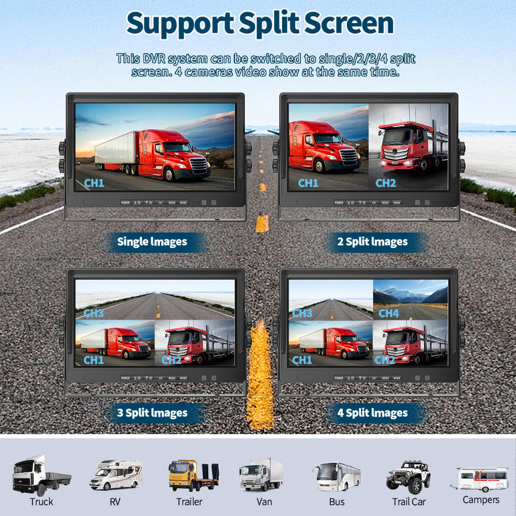 AHD Truck Backup Cameras with Monitor, 10.1’HD Quad Split Screen Monitor 4 Cameras 1080P Backup Camera for Trucks Trailer RV Bus Travel