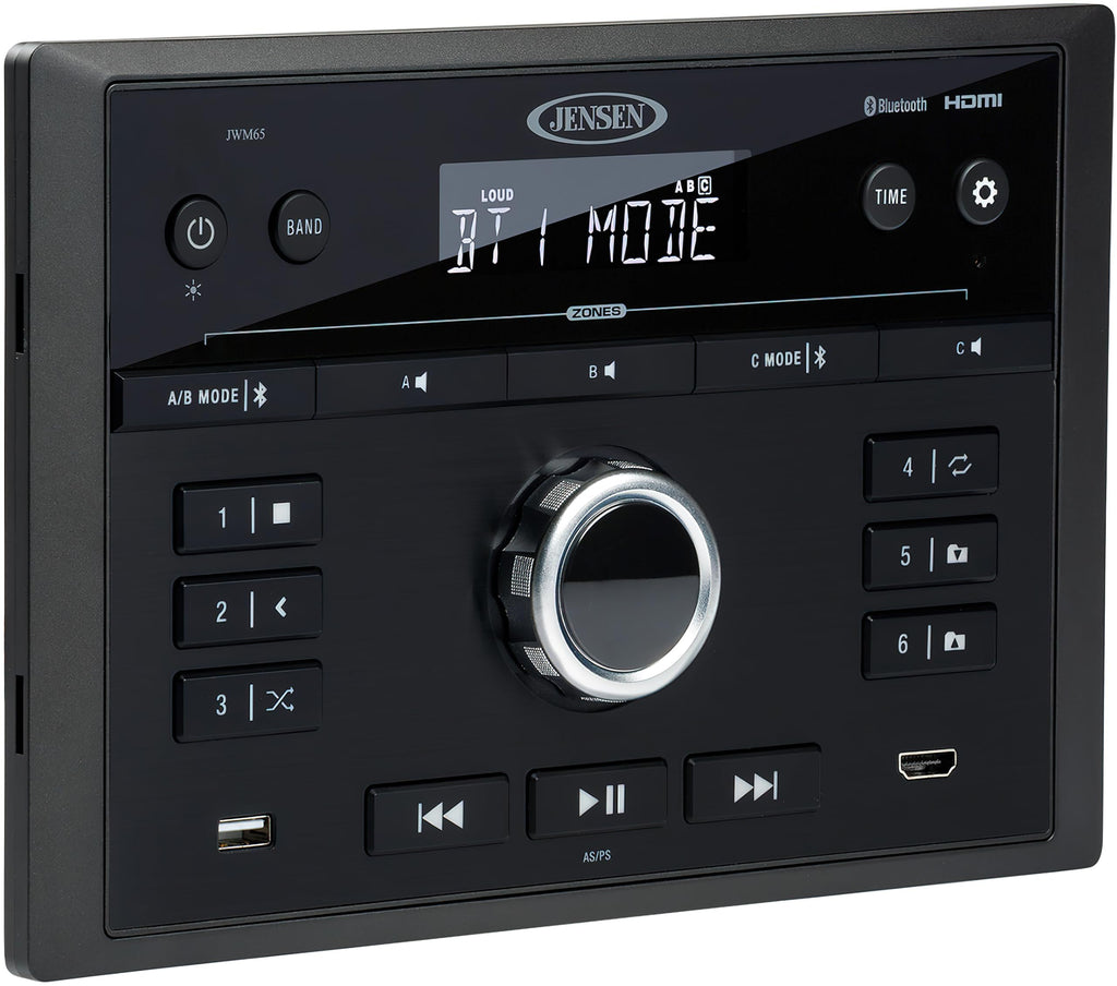 Jensen JWM65 RV Wall Mount Multimedia Stereo Receiver, Bluetooth Audio Streaming, HDMI ARC and CEC, AM FM Radio, Front USB MP3 Playback, 3 Zone Audio Control, Wireless Remote, Black