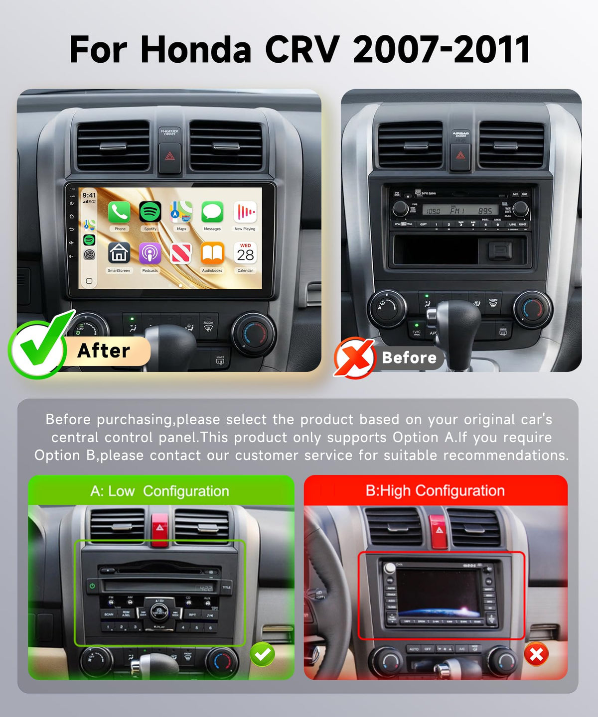 8 Core 6G+128G Android Car Radio for Honda CRV 2007-2011 with Wireless CarPlay Android Auto, 9” Touchscreen Car Stereo Mirror Link GPS WiFi Bluetooth FM RDS DSP EQ SWC Backup Camera