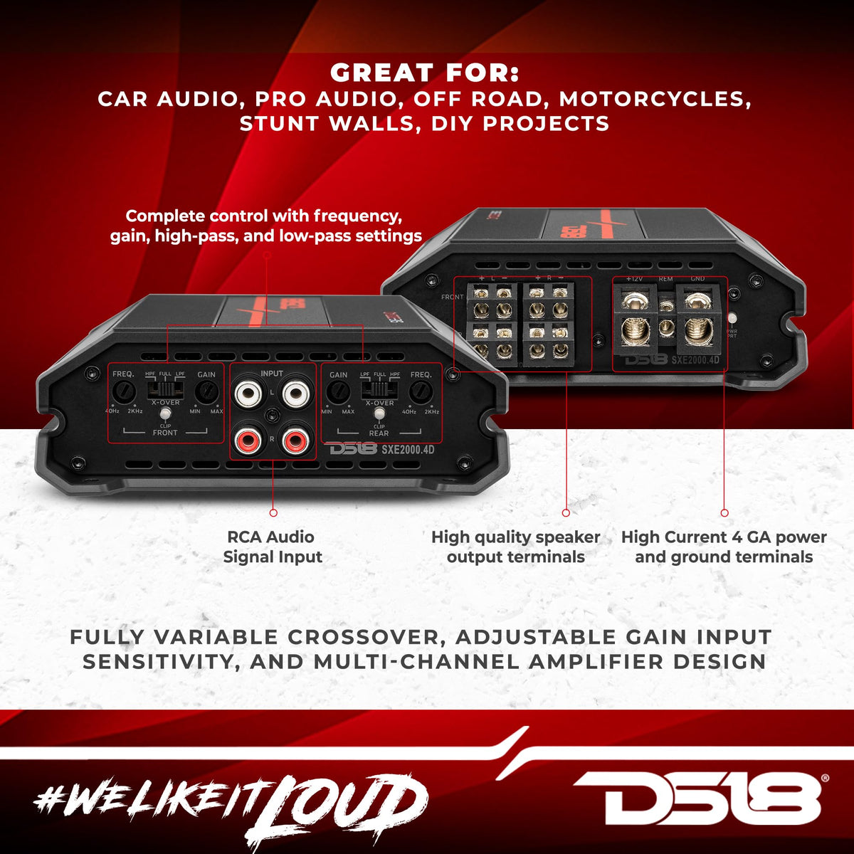DS18 SXE-2000.4D/RD 4-Channel Car Amplifier Class D Full Range 4X 150 Watts RMS @ 4-ohm - Powerful and Compact Amp for Speakers in Car Audio System - Bridgeable Amp 4 Channels 2000 Watts Max Power