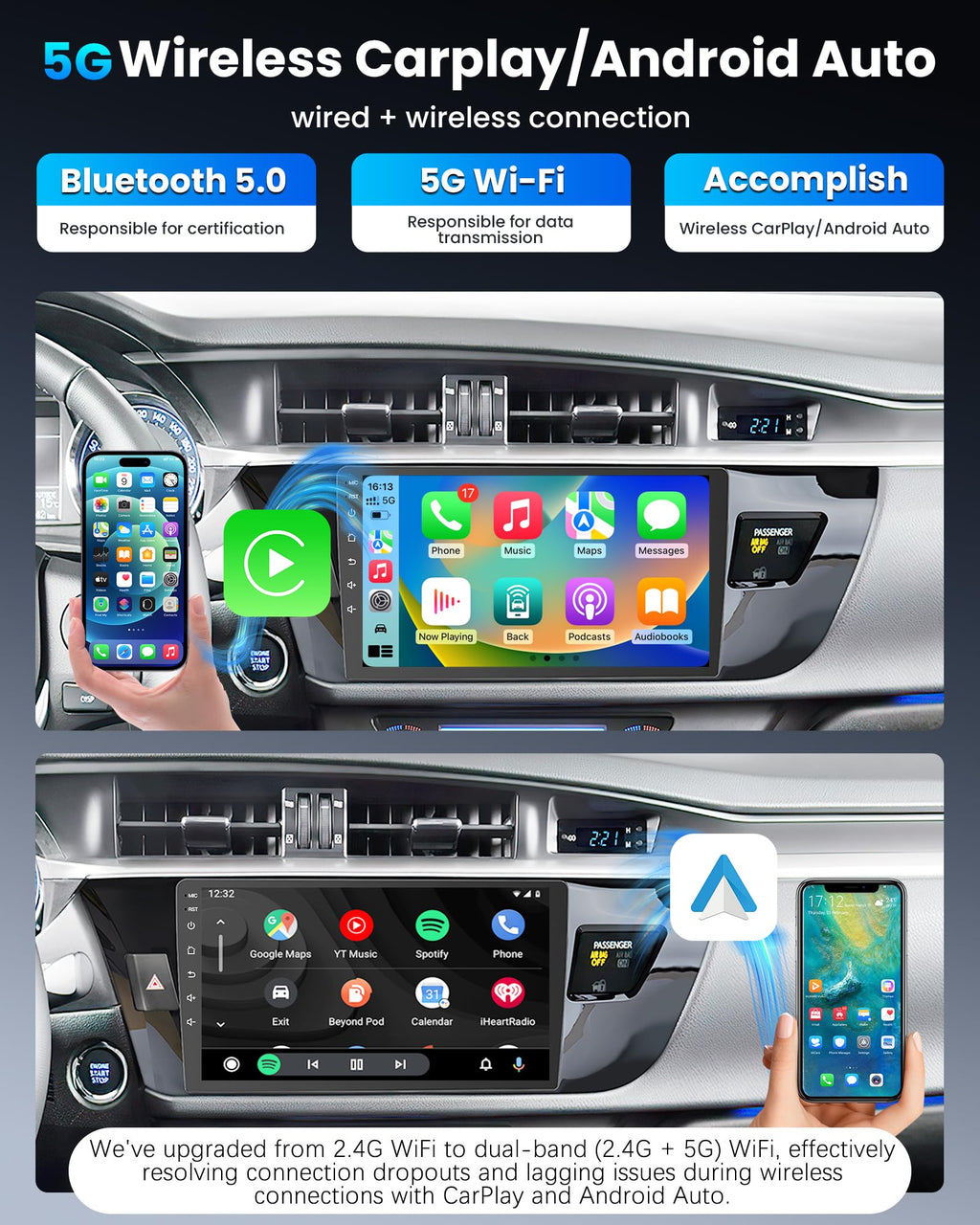 12 Core 6+128G Car Radio for Toyota Corolla 2014-2016: Upgrade 10 Inch 1280 * 800 IPS Touchscreen Stereo Wireless Carplay Android Auto 1080P Backup Camera Bluetooth GPS 5G WiFi FM DSP SWC Mirror Link