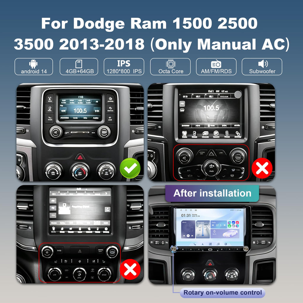 Upgraded 4+64G Car Radio for Dodge Ram 1500 2500 3500 2013-2018 Manual AC