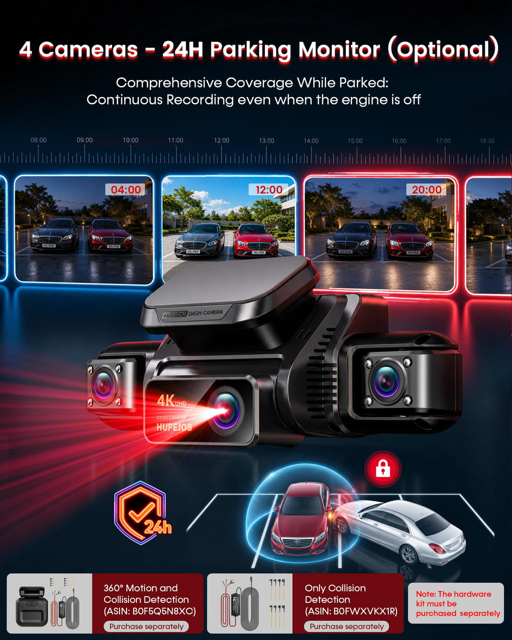 AI 4K Dash Cam Front and Rear, 360° View 4 Channel Camera for Car