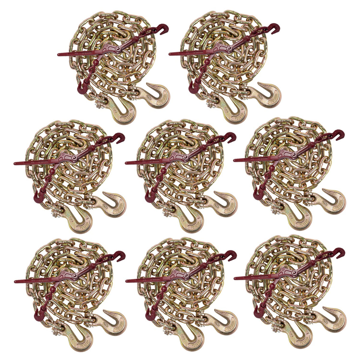 Mytee Products 5/16" Grade 70 Chain and Binder Kit | Includes (8) 5/16-3/8" G70 Lever Style Snap Binder & (8) 5/16" x 20' G70 Chain w/Grab Hooks | 5400 lbs Safe Load Limit for Truck & Flatbed Trailer