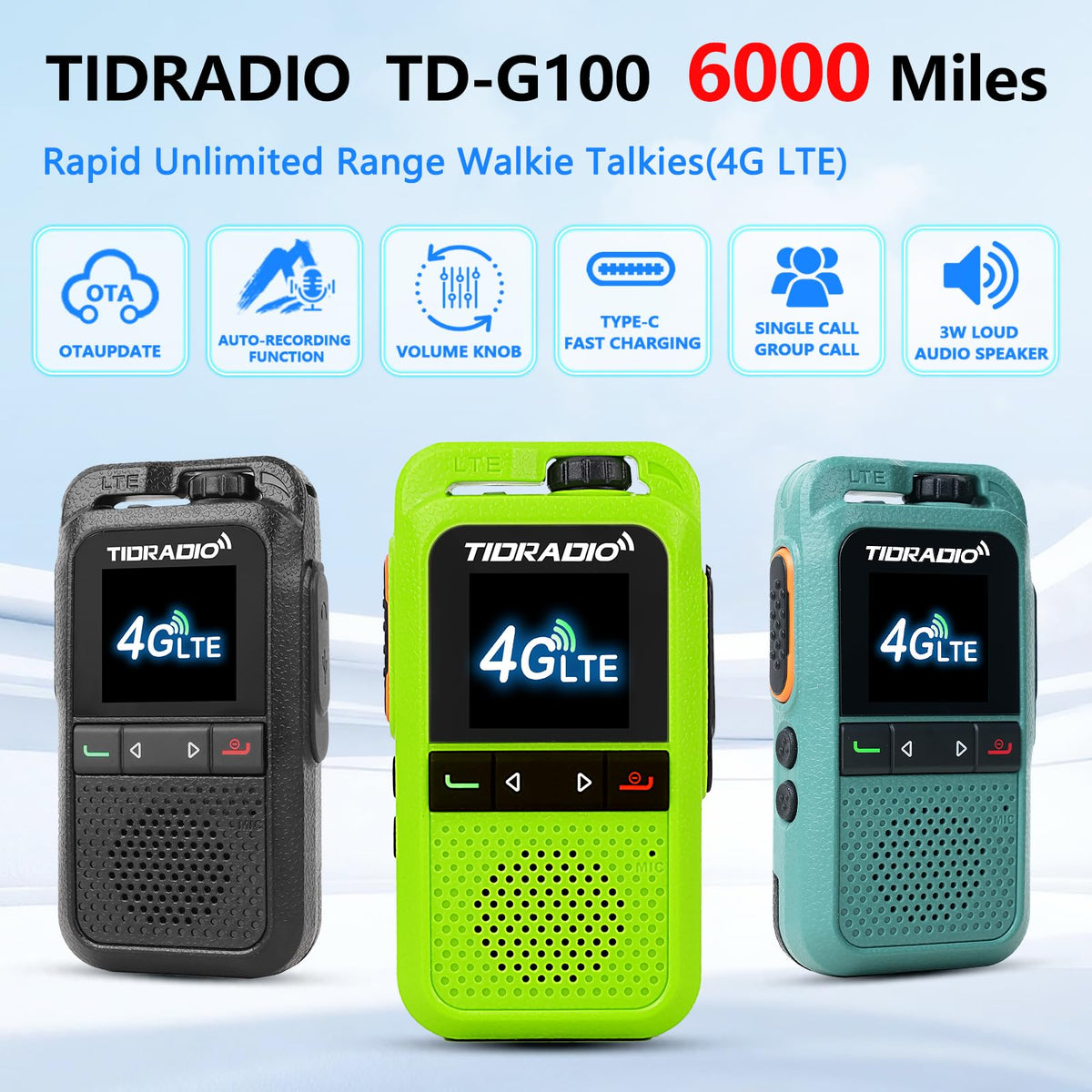 TIDRADIO TD-G100 Rapid Unlimited Range 4G LTE PoC Radios Long Range Walkie Talkies,Nationwide PPT Two Way Radios,Global Walkie-Talkie for Family,Logistics,Construction site,Green-6Pack
