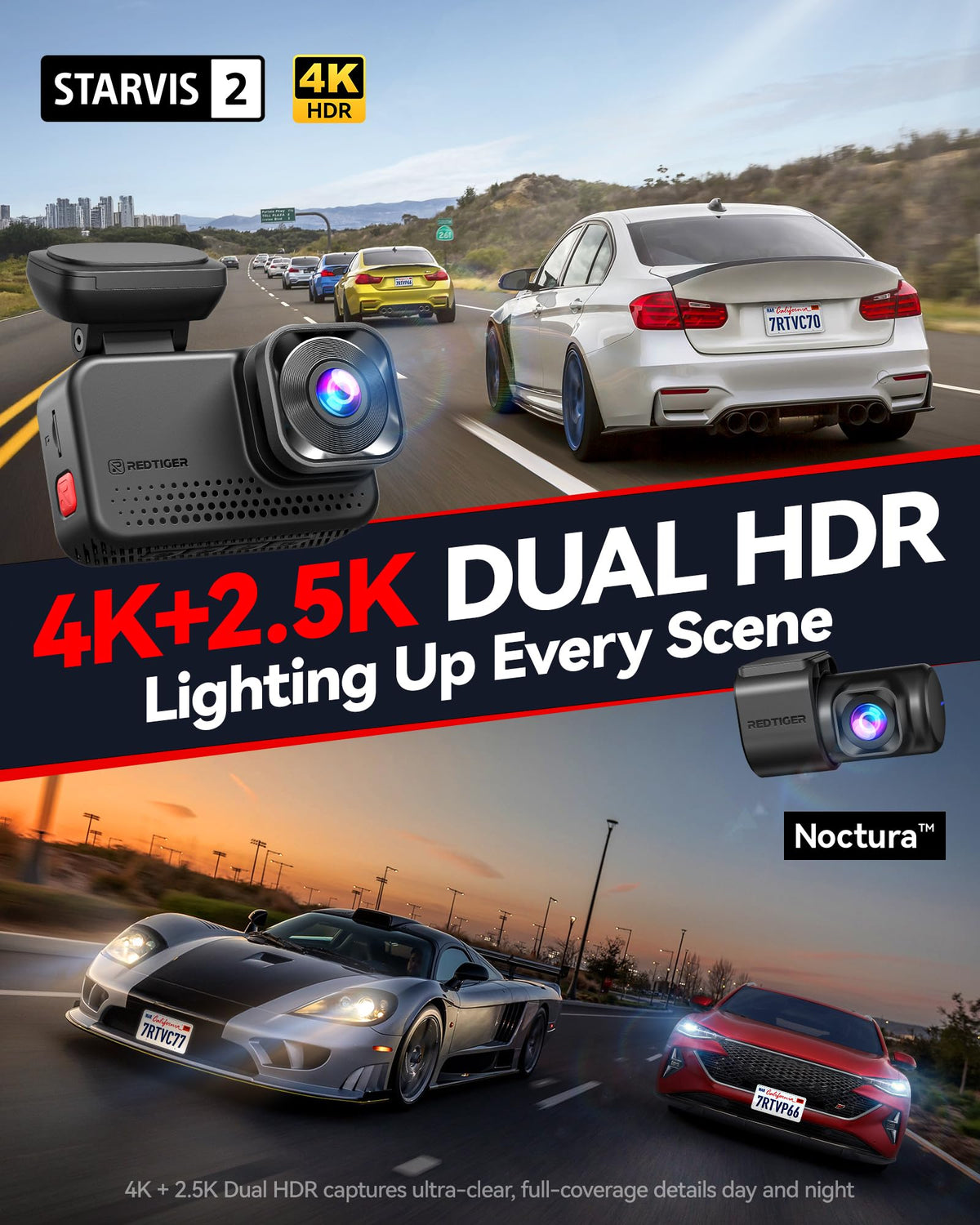 REDTIGER VC70 4K+2.5K Dash Cam, STARVIS 2 IMX678, Dual HDR, 30MB/s WiFi