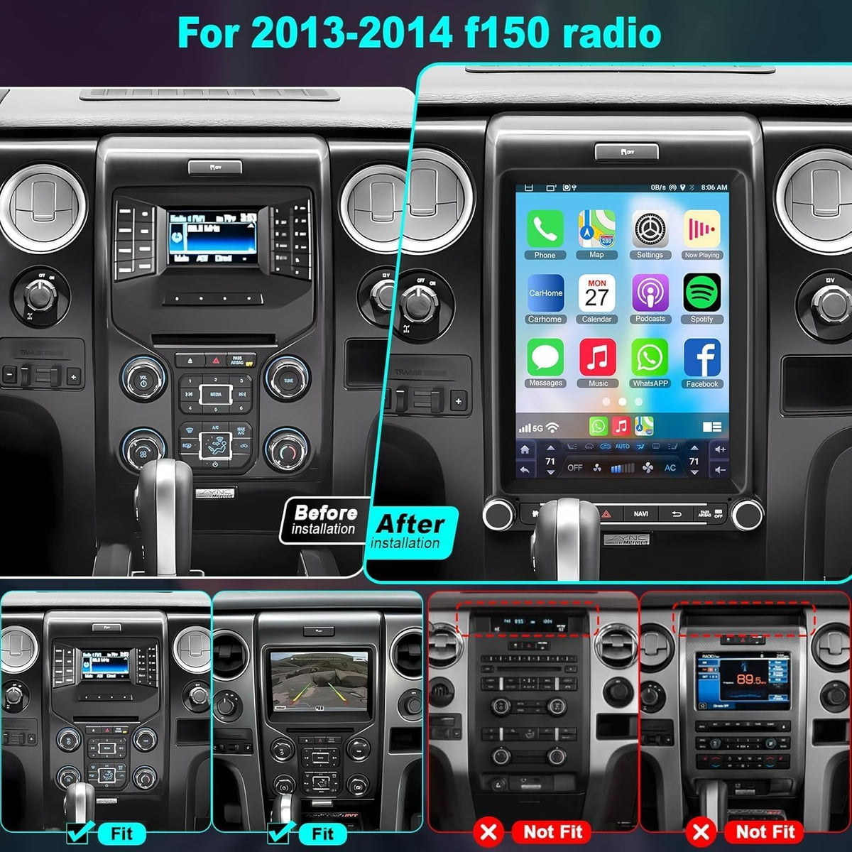 4+64 Android 15 for Ford F150 2013-2014 Car Radio 8 core, 10.4 Inch IPS Touch Screen Car Stereo with Wireless Carplay/Android Auto,GPS, WiFi, Bluetooth, Backup Camera, DSP