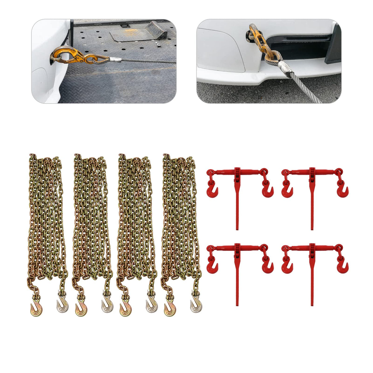 YIYIBYUS Ratchet Load Binder + 20ft Chain Hauling for Tie Down Heavy Loads (4 PC 5/16"-3/8" 20FT,45 Steel)