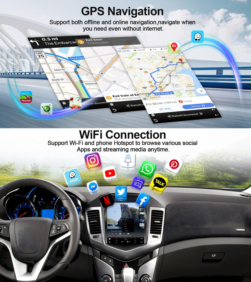 4G+64G Car Radio for Chevrolet Chevy Cruze 2009-2015 with Wireless CarPlay Android Auto 9.7" Touch Screen Android 15 Car Stereo with 32EQ GPS Navigation Bluetooth 5.0 WiFi RDS FM HD Backup Camera