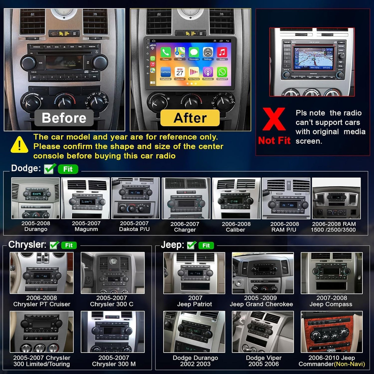 9" Android 13 Car Radio for Dodge Ram 1500/2500/3500 (2006-2008), Dodge Durango (2005-2008), Jeep Grand Cherokee (2005-2009) – 4GB RAM + 64GB ROM CarPlay Screen