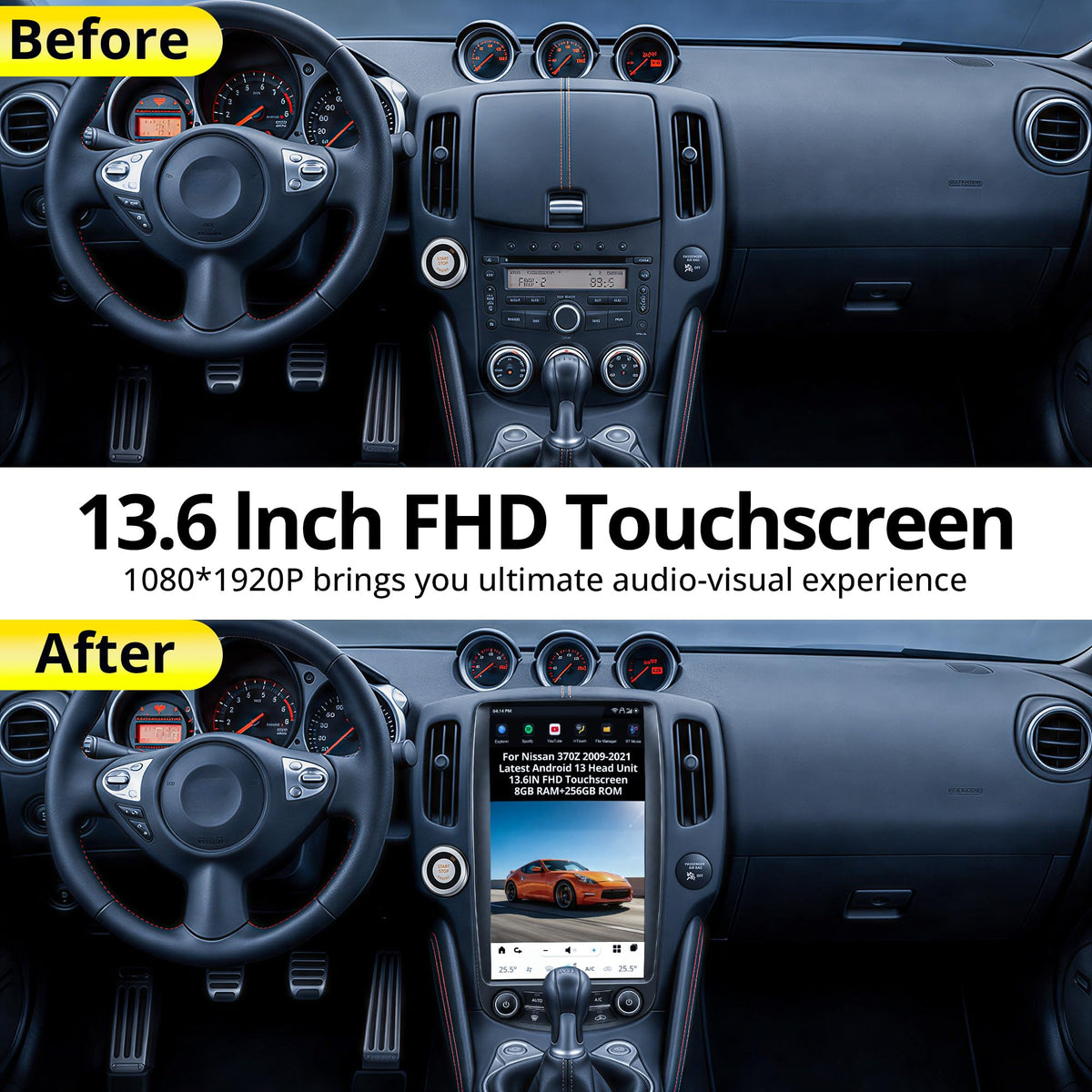 AuCar 13.6 Inch Touch Screen Android 13 Car Radio for Nissan 370Z 2009-2021 Head Unit Wireless Carplay Android Auto GPS Navigation Stereo Multimedia Player 8GB RAM 128GB ROM, Black