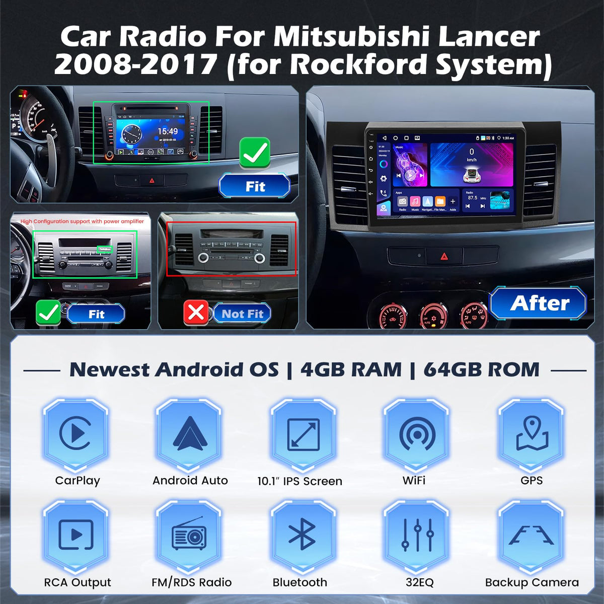 4+64G 10'' Android 15 Car Stereo for Mitsubishi Lancer 2008-2017