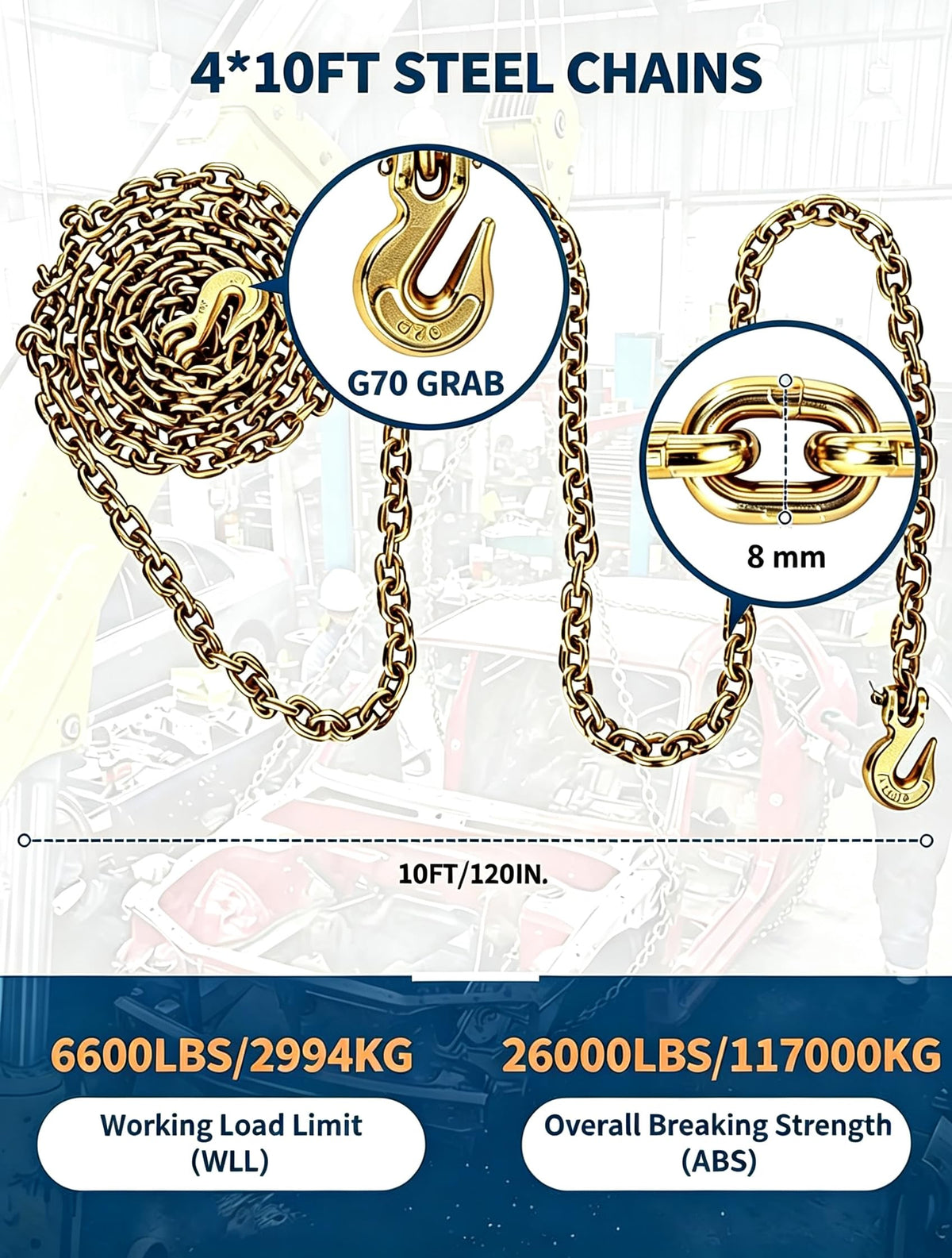 Garvee 4 Sets 10FT Chain and Binder Kit, 5/16''-3/8'' Ratchet Chain Binder
