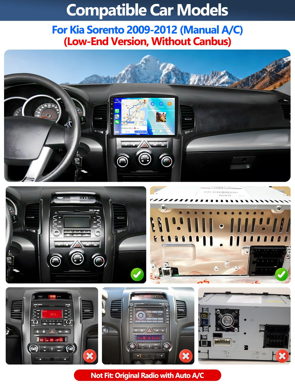 4G+128G Car Stereo Radio for Kia Sorento 2009-2012 (Manual AC) with Wireless CarPlay Android Auto 10 Inch Incell 1280 * 720 Touch Screen Head Unit with GPS Bluetooth WiFi FM RDS Backup Camera