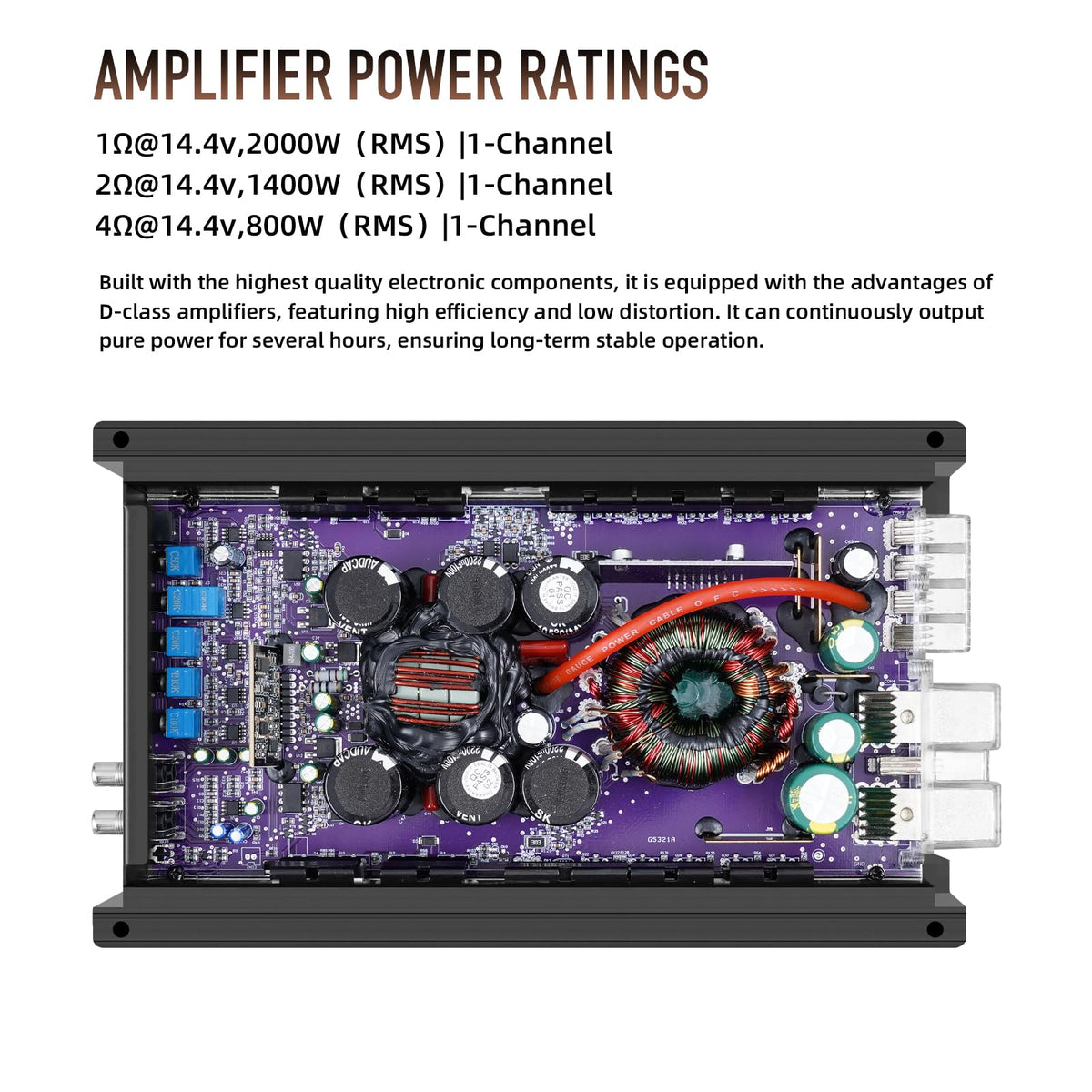 2000W RMS Class D Monoblock Car Subwoofer Amplifier, 1 Ohm Stable
