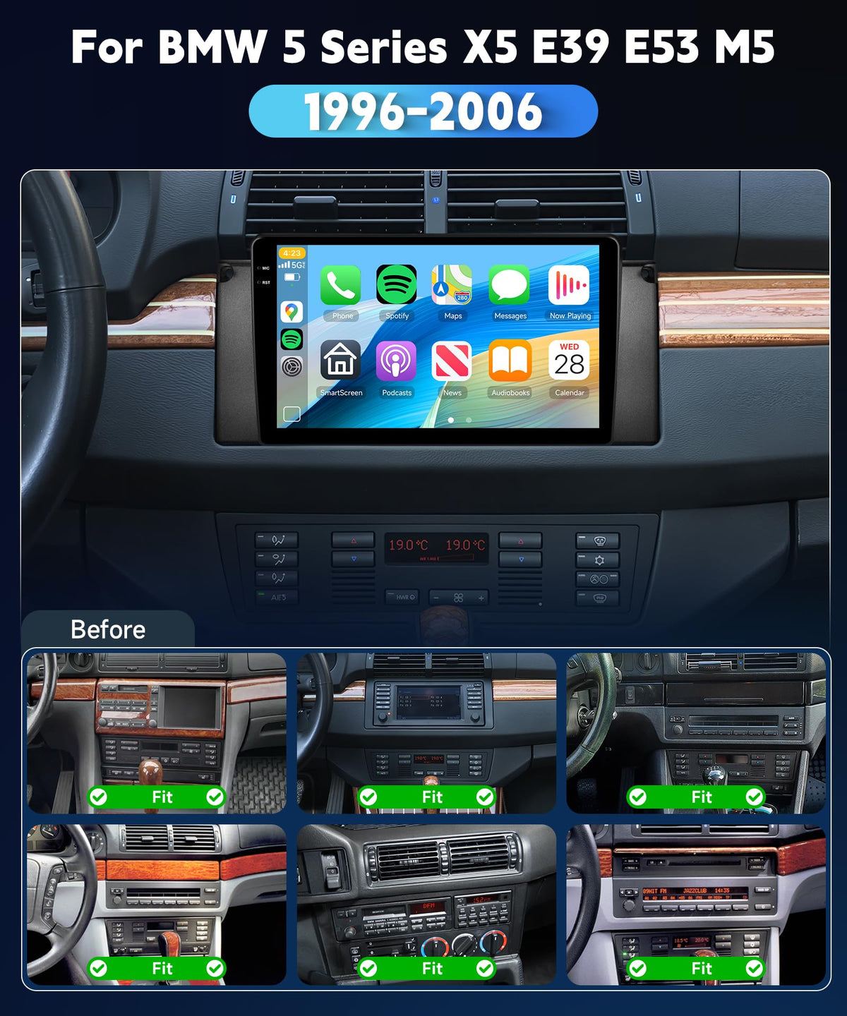 [4G+64G] Car Stereo for BMW 5 Series X5 E39 E53 M5 1996-2006 with 5GWiFi/Android 15/Wireless Carplay Android Auto,9" Incell Touch Screen Radio,GPS/EQ DSP/Bluetooth5.0/SWC/AHD Backup Camera