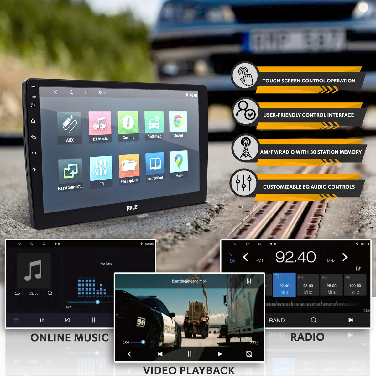 Pyle Double DIN Car Stereo Receiver - 6.95 Inch Back & 10 inch Monitor 1080P HD Touch Screen Bluetooth Car Radio Audio Receiver r - WiFi/GPS/AM/FM Radio, Mirror Link for Android/iOS
