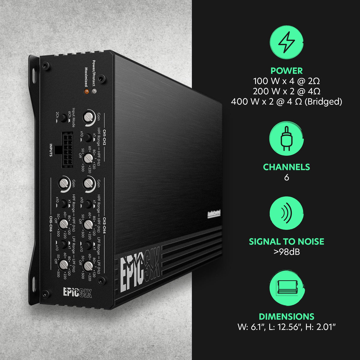 AudioControl EPICSIX 6-Channel 1200W RMS Digital Class D Full-Range Car Audio Amplifier, Compact High-Power, High/Low Pass Crossover, RCA Line Level Inputs for Aftermarket Radios, Smart Protection